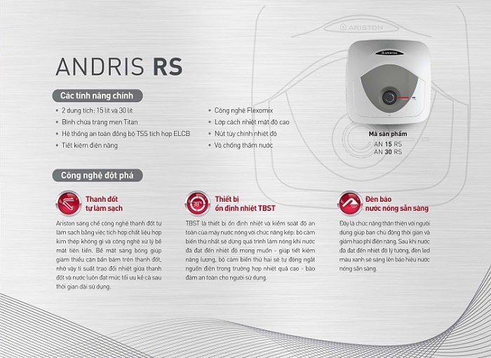 Bình nóng lạnh Ariston ANDRIS RS 15 – 30 sử dụng công nghệ đột phá