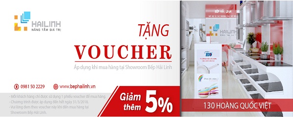 Tặng Voucher giảm giá 5% nhân dịp khai trương Showroom Bếp Hải Linh