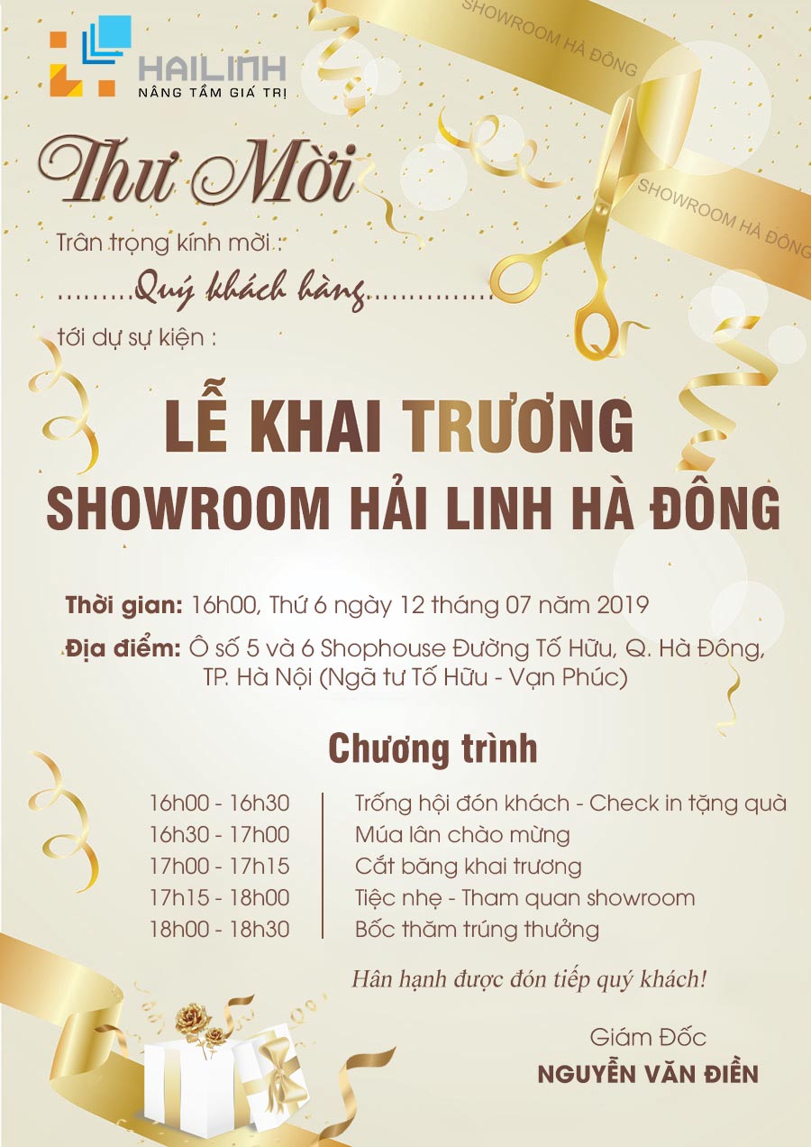 Thư mời quý khách hàng, đối tác đến tham dự lễ Khai trương Showroom Hải Linh tại Hà Đông